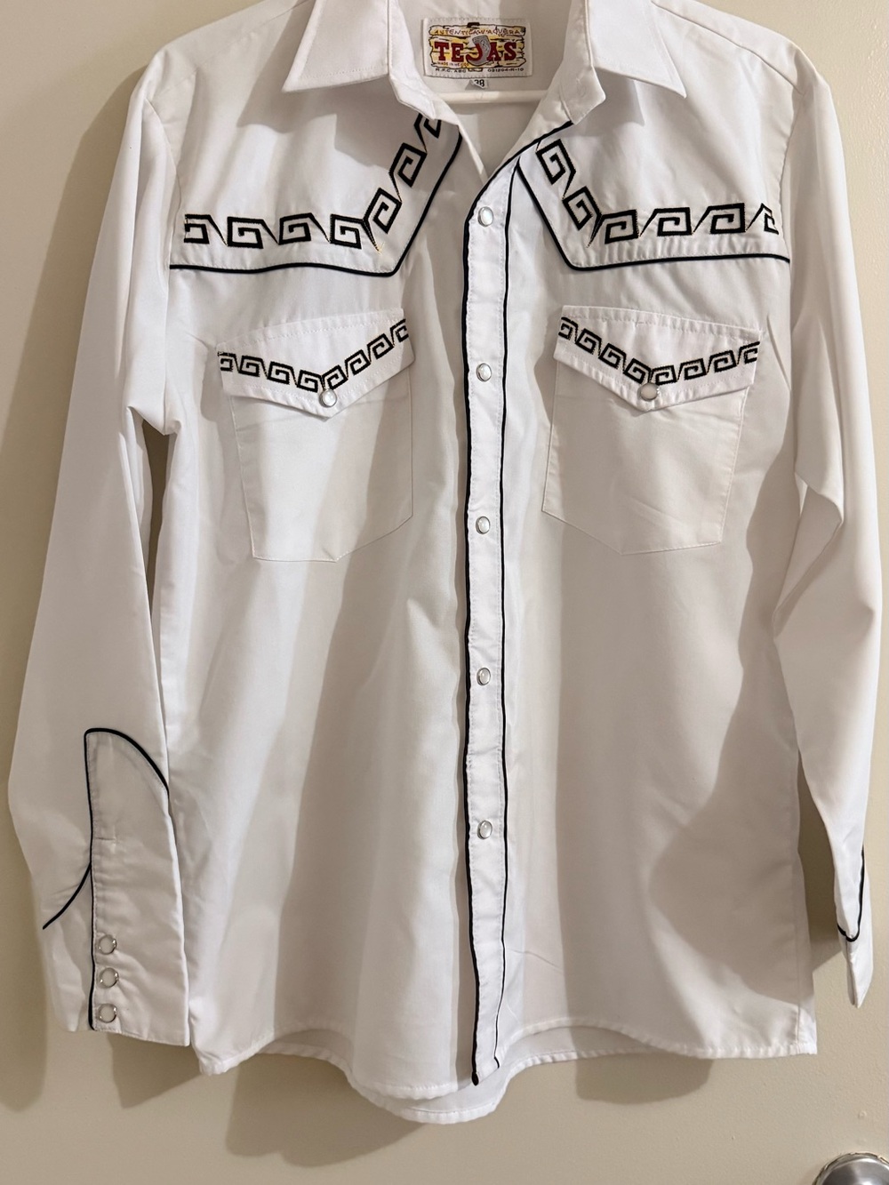 White Long-Sleeve Western Shirt with Black Trim
